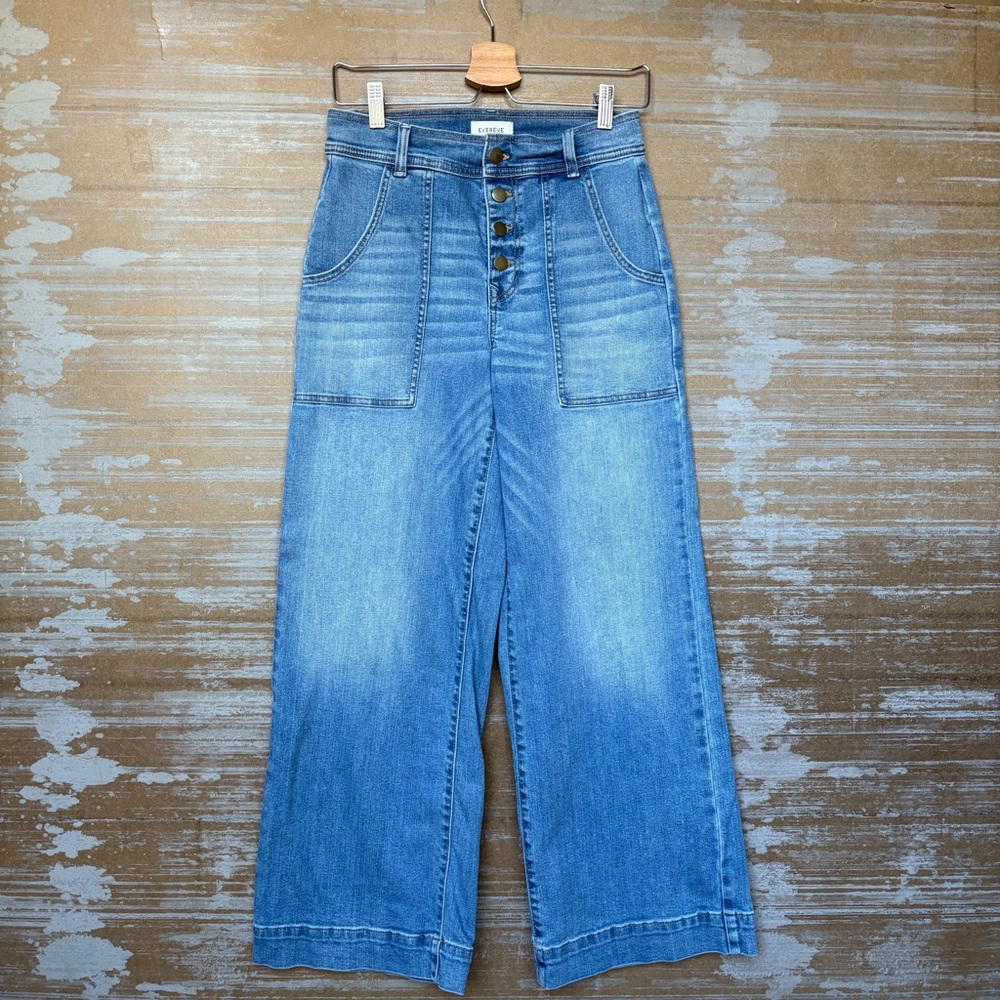 Evereve Lyra Patch Pocket Wide Leg Jeans Mid Wash Preppy Boho Classic Womens 29